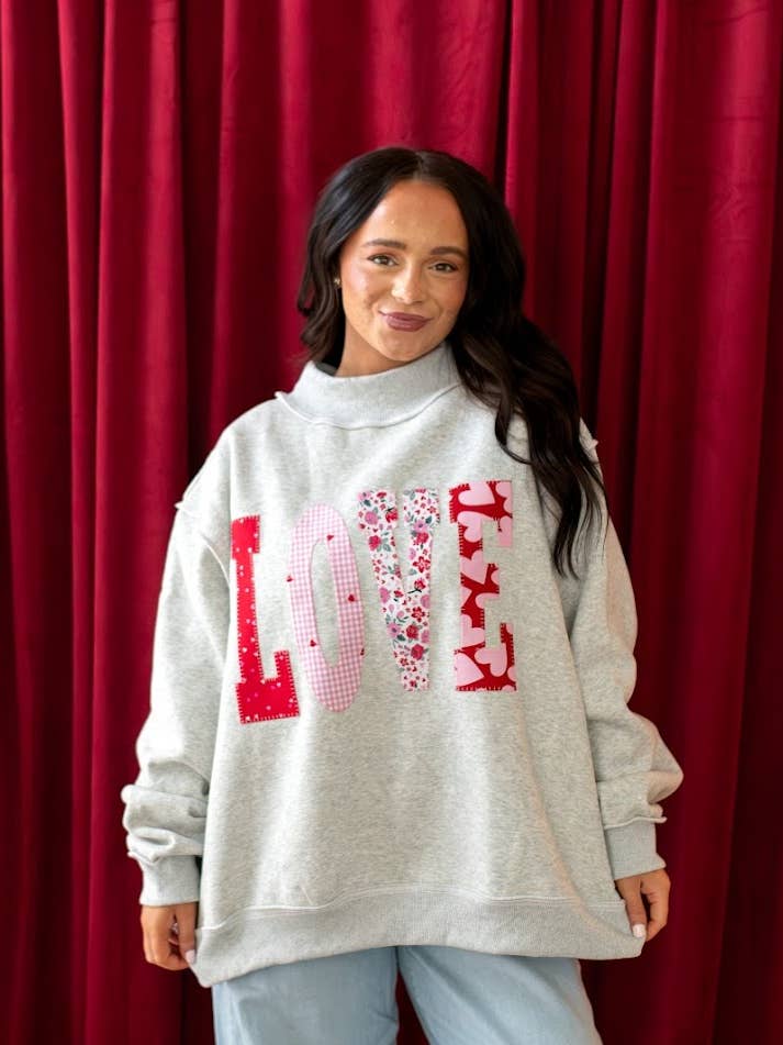 PATCHWORK LOVE APPLIQUE | GREY VALENTINE'S DAY MOCKNECK for wholesale by h.flynn