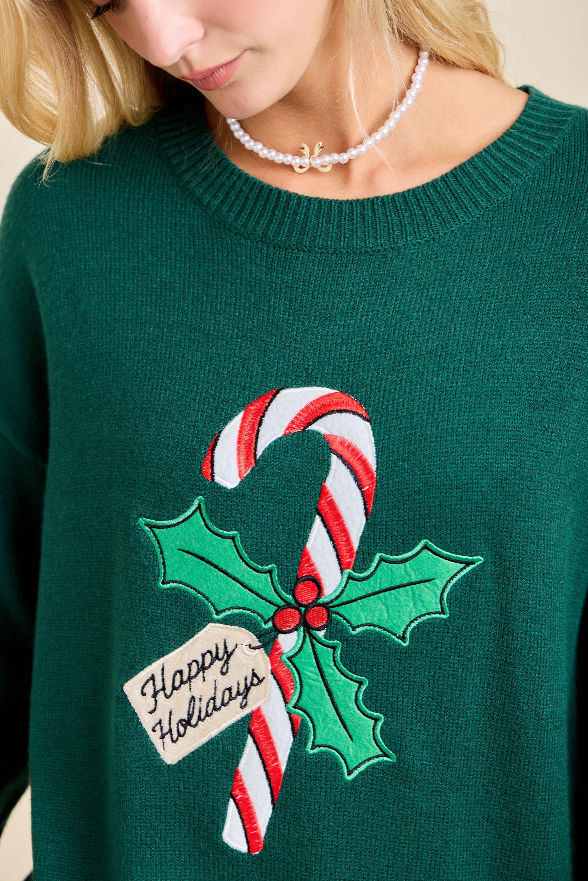 HUNTER GREEN Candy Cane Holidays Knit Sweater Christmas Ready to ship🍬 for wholesale on Faire2