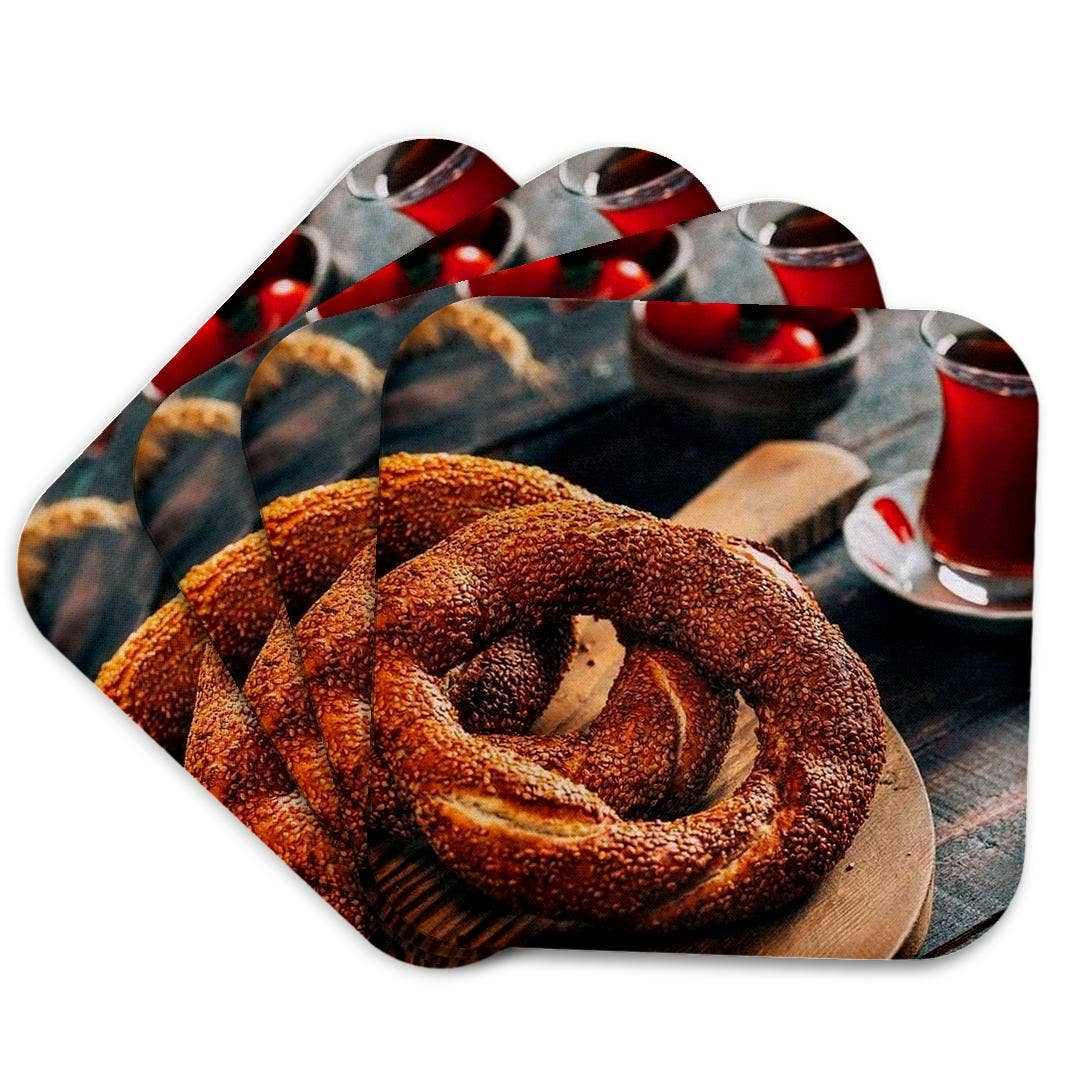 3dRose - Wholesale Coasters - 3dRose, A close up photograph of a Turkish simit bagel and fresh tea, Coaster7