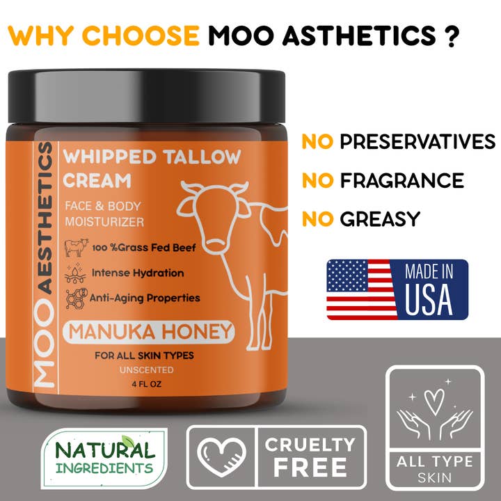 Moo Aesthetics - Wholesale Body Cream/Lotion - Tallow Cream With Manuka Honey, For Face and Body, 4oz4