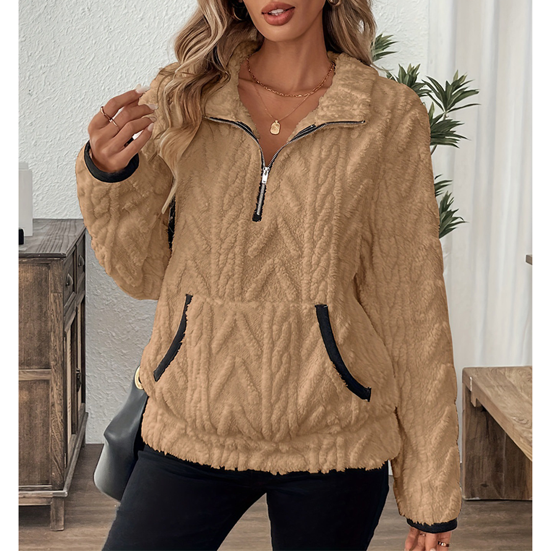 UNISHE - Wholesale Sweatshirt - Women's - Collared Jacquard Half-Zip Fleece Pocket Sweatshirt ZK372013