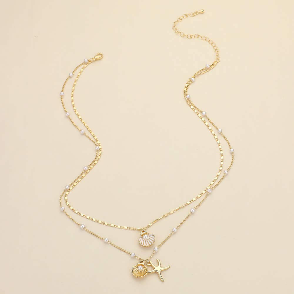 Sensibling Corp. - Wholesale Pendant/Charm Necklace - Pearl Shell Metal Starfish Pendant Pearl Station Chain Layered Necklace2