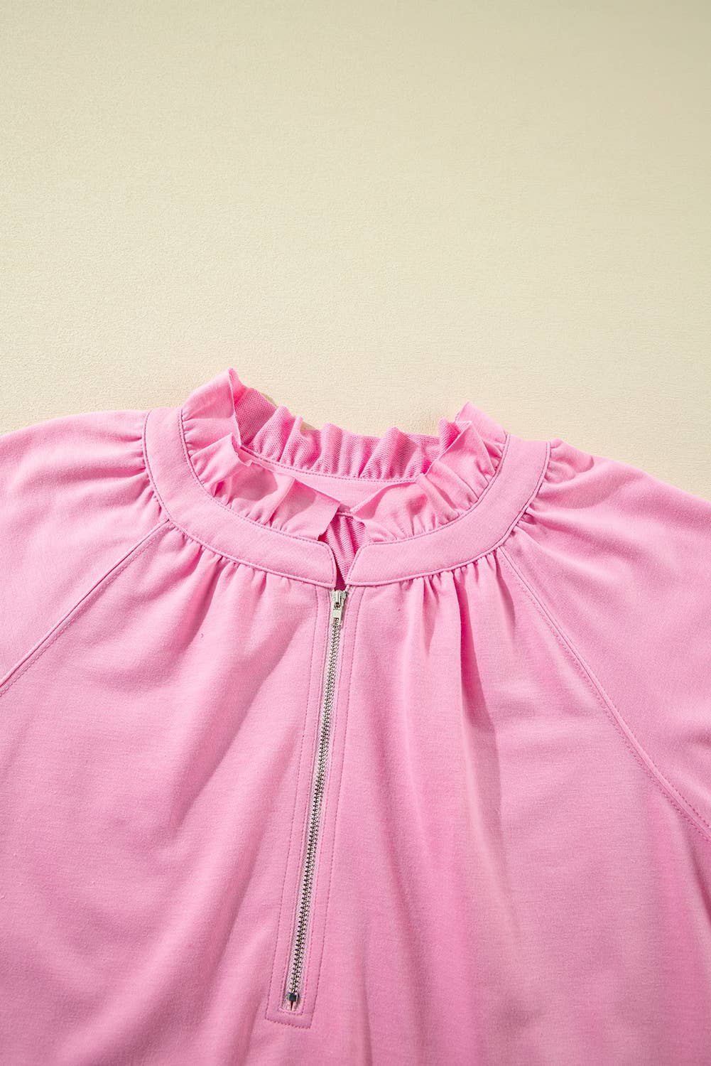 Pink Half Zip Puff Sleeve Top and Ruffled Shorts Set for wholesale on Faire4
