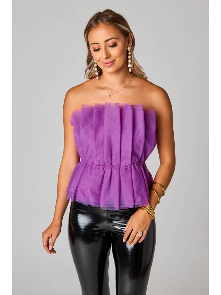 BuddyLove - Wholesale Blouse - Women's - Giselle Iris Purple Pleated Tulle Strapless Top