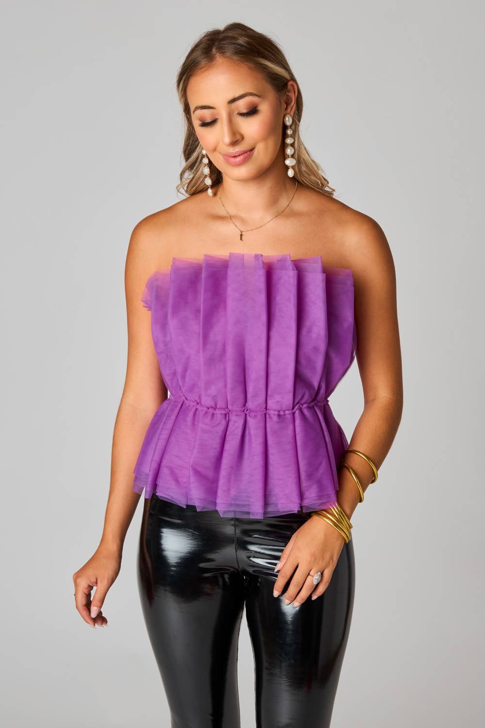 BuddyLove - Wholesale Blouse - Women's - Giselle Iris Purple Pleated Tulle Strapless Top