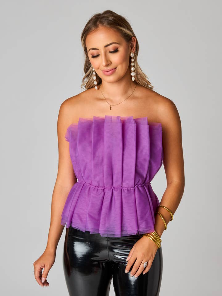 Top senza spalline in tulle plissettato viola iris Giselle per la vendita all'ingrosso da parte di BuddyLove