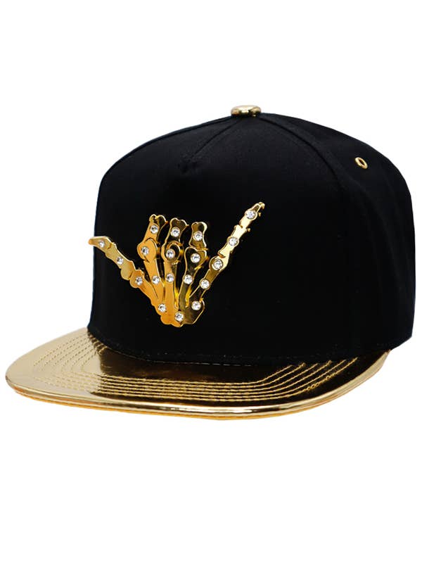 Shaka Sign Rhinestone Emblem Gold Metallic Bill Snapback for wholesale by Cap Zone