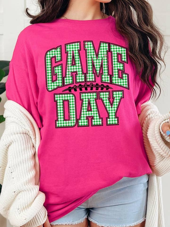 T-shirt graphique en coton épais à carreaux verts pour le jour du match pour la vente par COLORBEAR