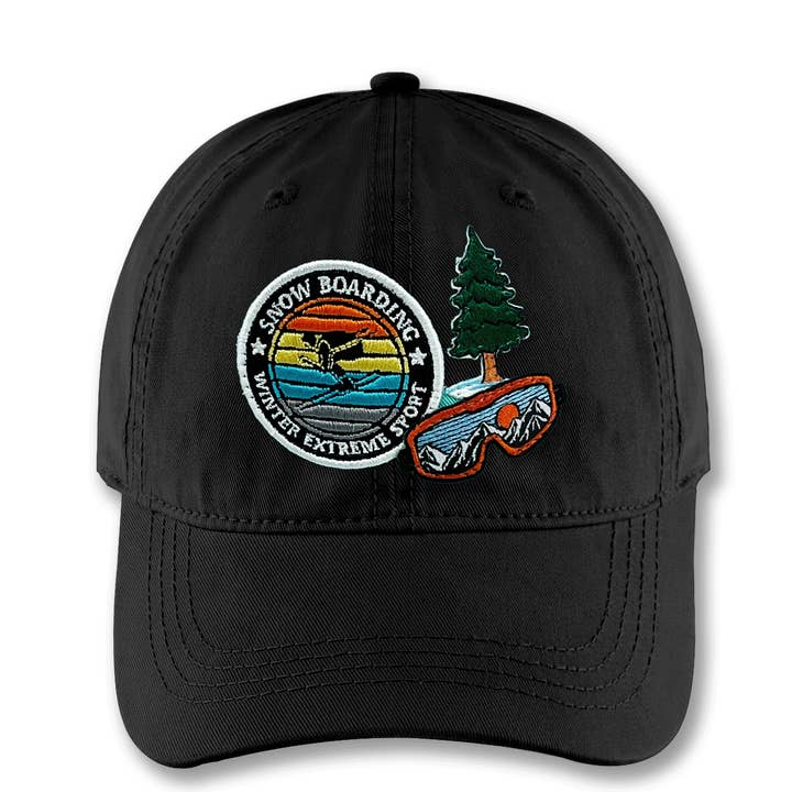 Snowboarding Adventure Embroidered Patch Baseball Cap – Winter Extreme Sports Mountain Dad Hat Gift for Riders for wholesale by Northern Icons Creations INC