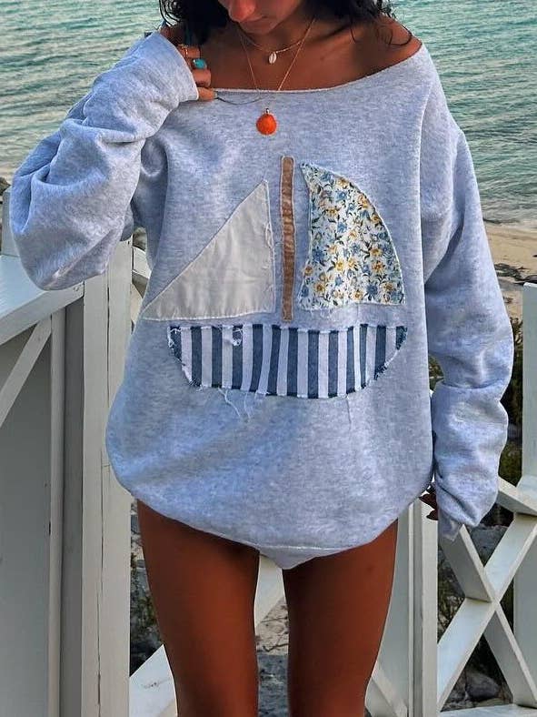 Long Sleeve Top with Sailboat Applique for wholesale by Anna Kaci Wholesale