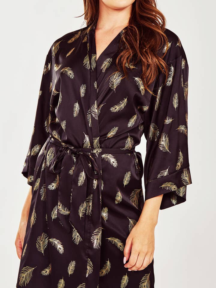 Suri Rose Gold Foil Feather Print 3/4 Sleeve Robe for wholesale by iCollection