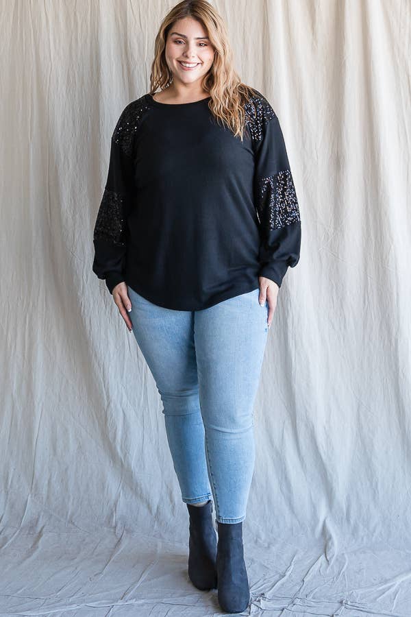 7th Ray – wholesale Stickad topp - Dam – [PLUS SIZE] Vardaglig stickad topp med biskopsärmar T4399XL15