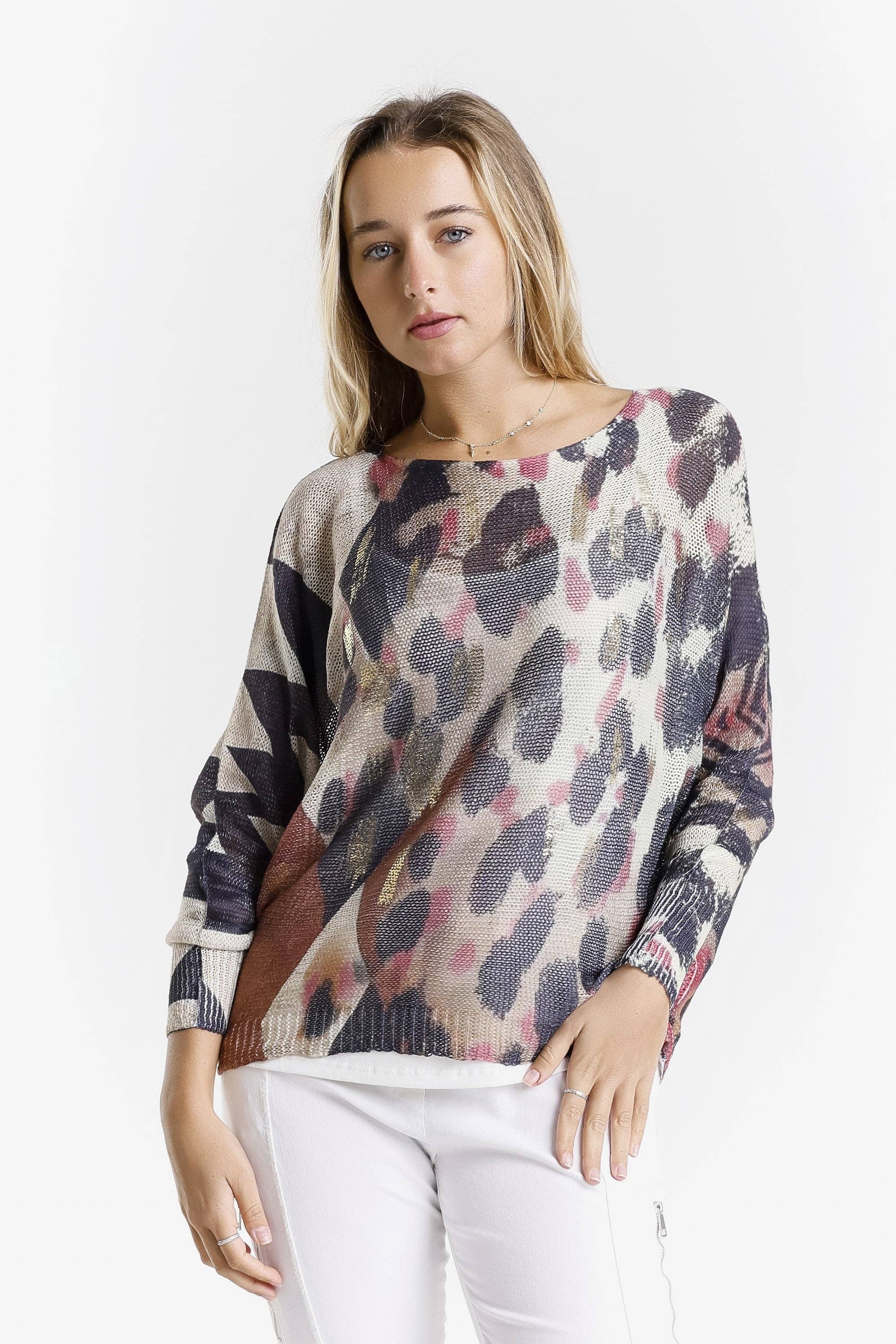 G Pink w Gold Splash Leopard Danielle Batwing Open Knit Sweater (BLS424PL) for wholesale on Faire1