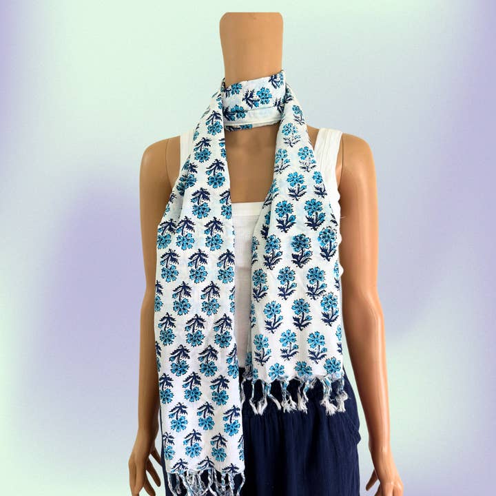 Stole Scarf - Blue and White buti Block Printed Head Wrap for wholesale by The Indian Bazaar