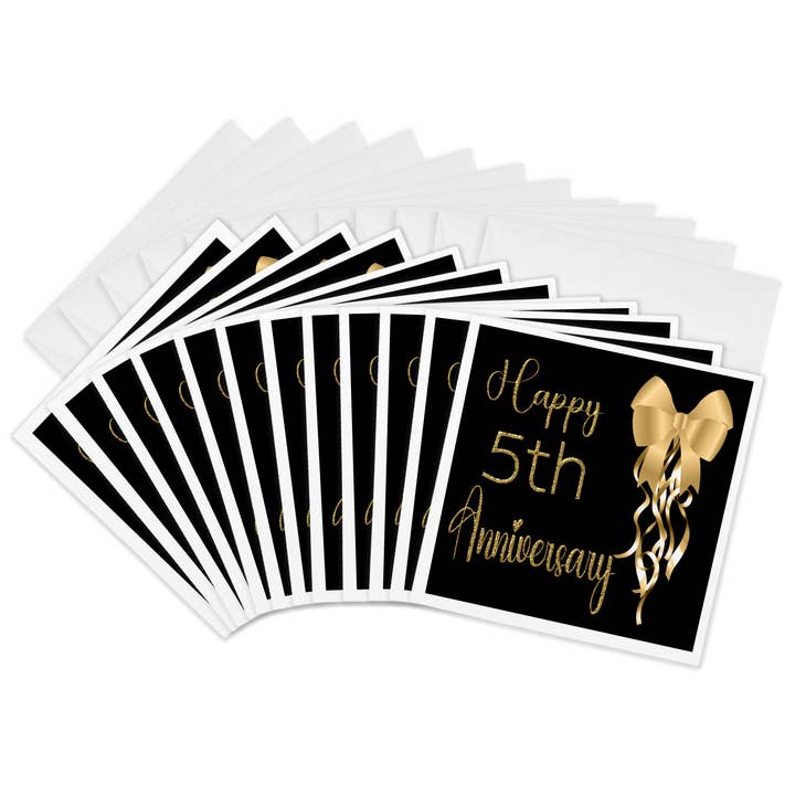 3dRose, Fijne 5e Verjaardag Afbeelding Van Gouden Strik en Linten, Wenskaart voor wholesale door 3dRose