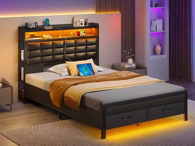 American Smart - Wholesale Bed - Bed Frame with Storage Headboard & 2 Drawers,Upholstered Platform Bed with Charging Station & LED Light,Heavy Duty Frame Support9