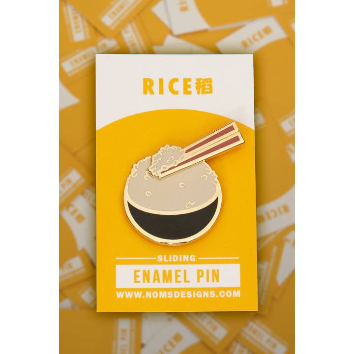 Rice Interactive Sliding Enamel Pin for wholesale by Noms