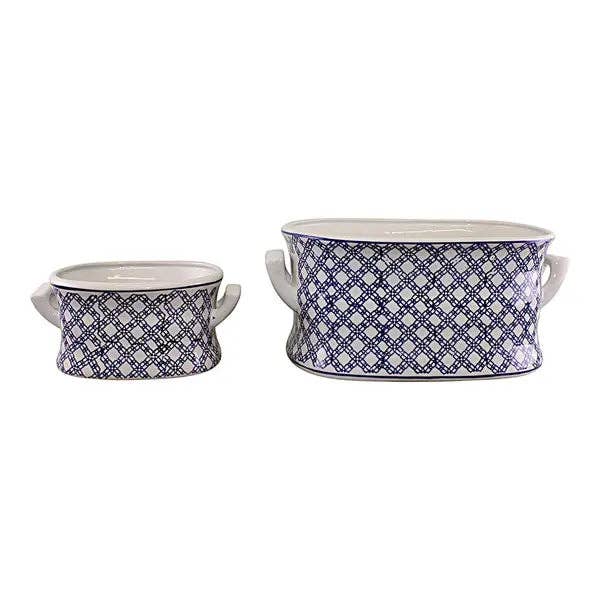 Geko Products - Wholesale Plant Pot - Set of 2 Ceramic Footbath Planters, Vintage Blue & White Geometric Design