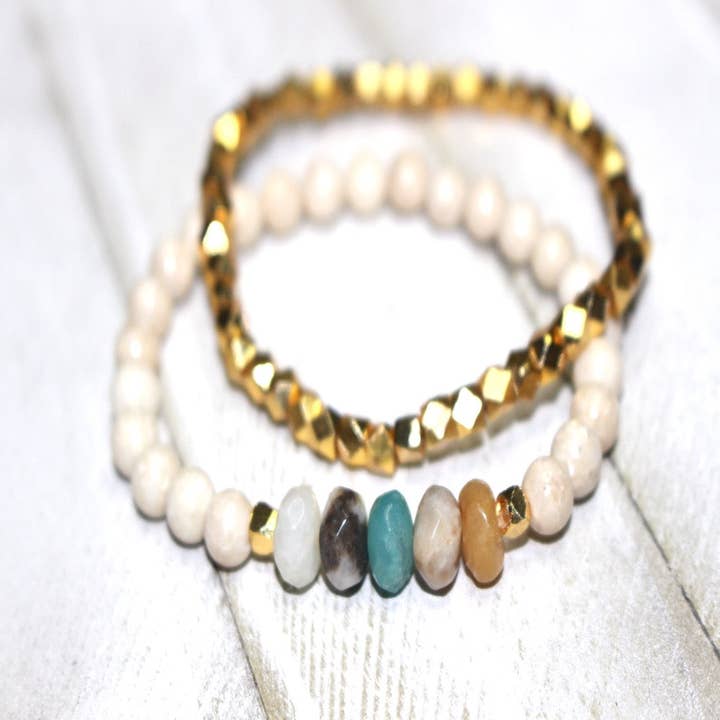 Juego de pulseras de piedras preciosas de amazonita y fósiles de río para venta al por mayor de The Risen Lotus LLC