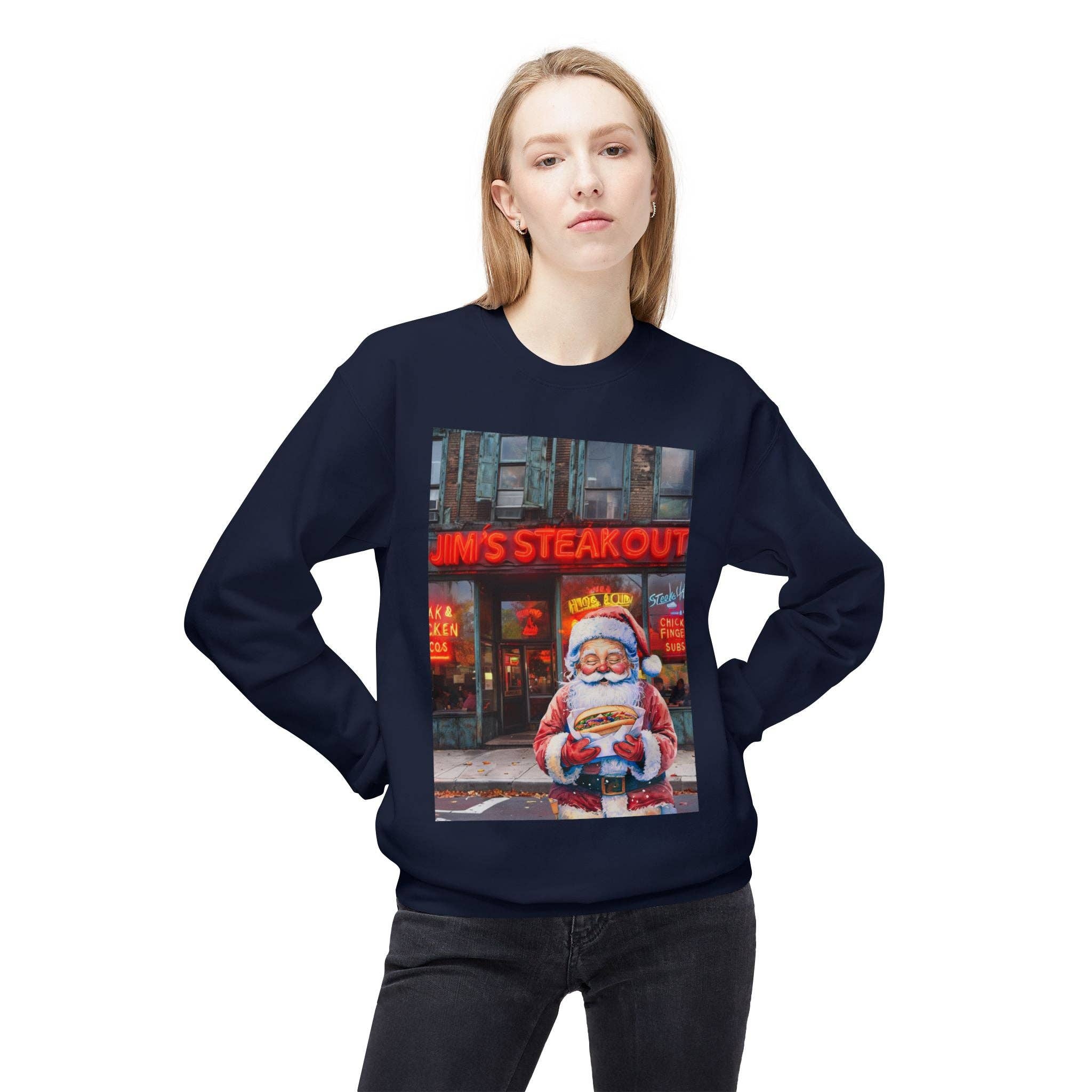 Buffalovely - Wholesale Graphic Sweatshirt - Unisex - Santa with a Hoagie at Jim's Steakout Unisex Cozy Crewneck Sweatshirt32