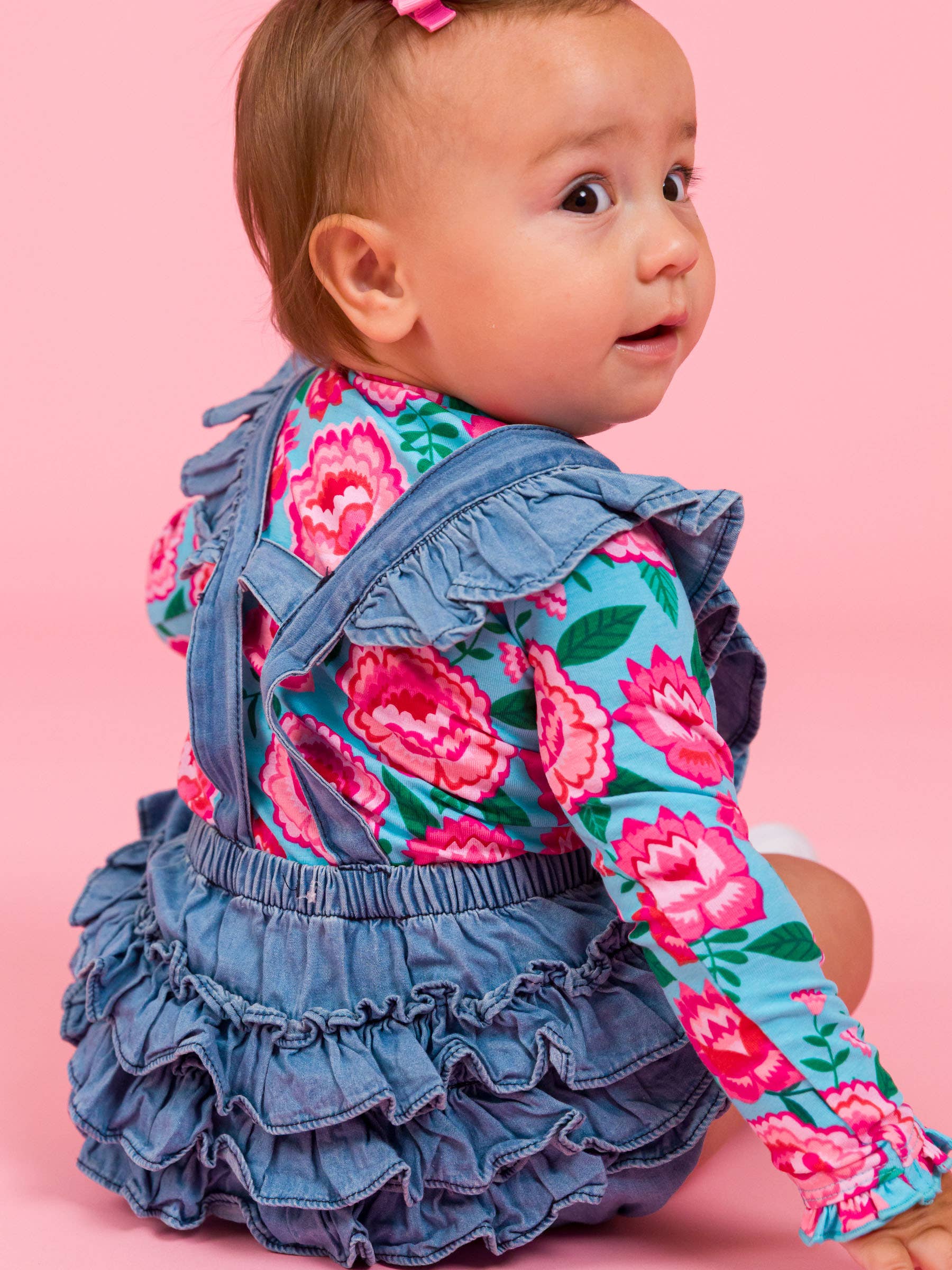 Blue Baby Girls Bright Blossoms Knit Long Sleeve Ruffle Bodysuit for wholesale on Faire0