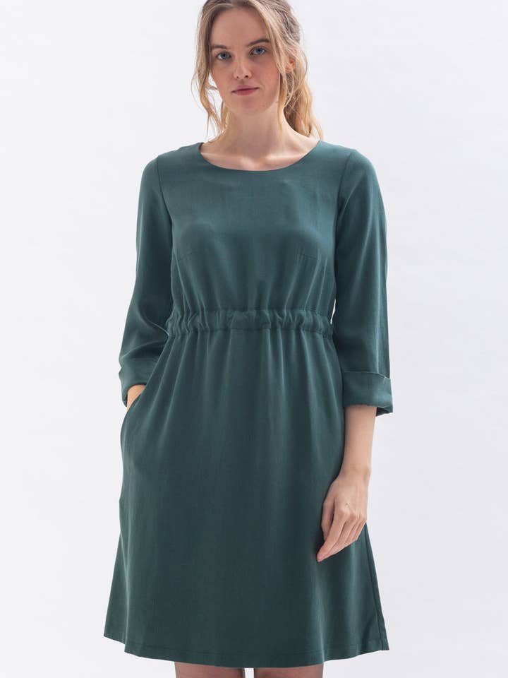“WAR-RIS” dress in green tencel for wholesale by Studio Hertzberg