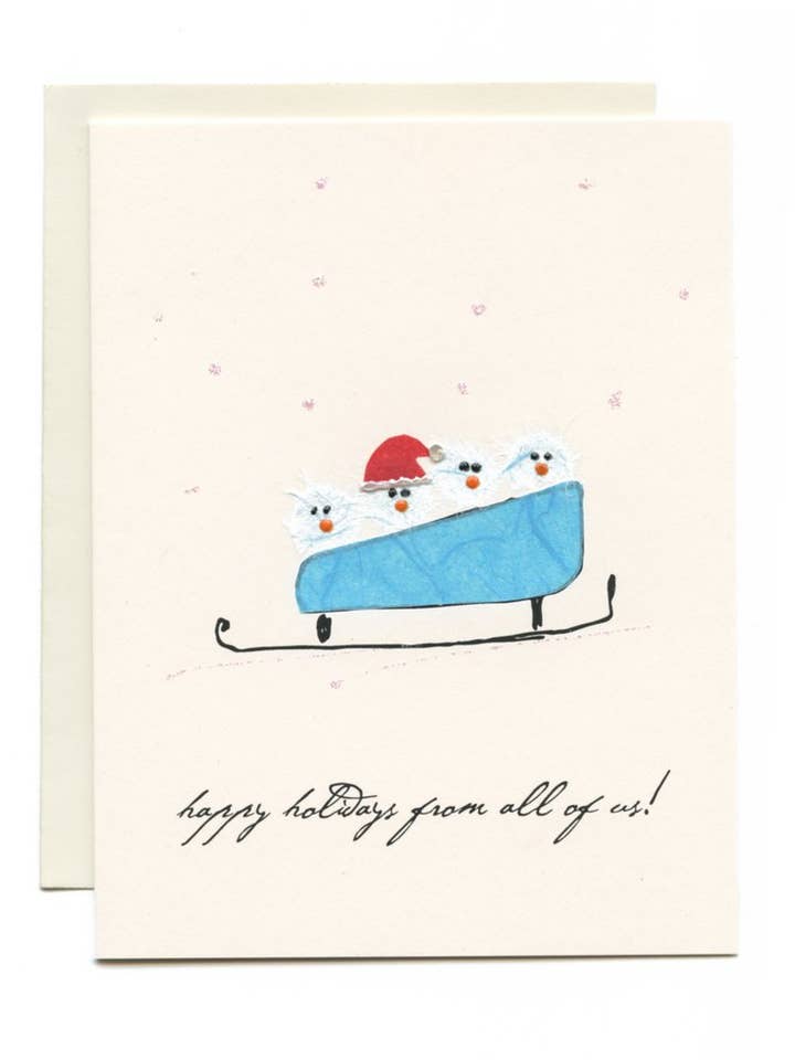 "Happy Holidays From All of Us" 4 Chicks in Sled for wholesale by FLAUNT HANDMADE CORRESPONDENCES