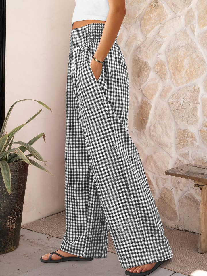 Rosa Clothing - Wholesale Pants - Women's - Cute Casual Checker Plaid Print Palazzo Pants6