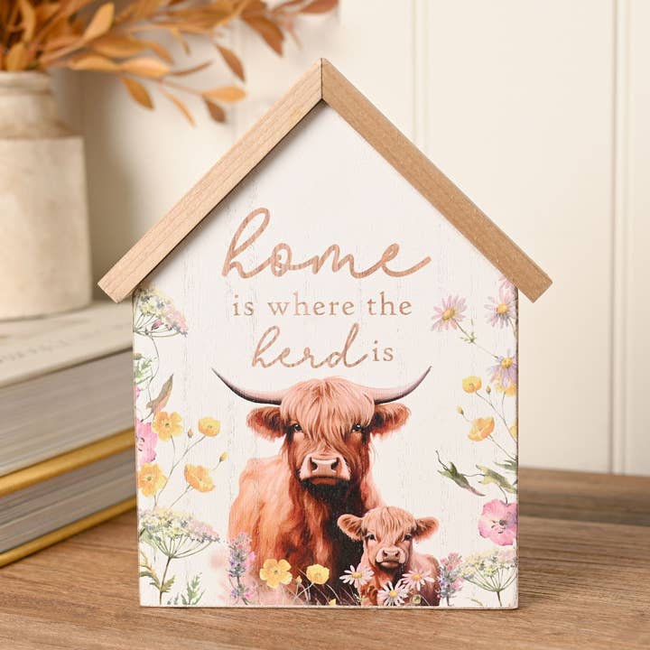 Country Living Highland Cow House Shaped Plaque "Home is where the Herd is" for wholesale by WIDDOP and Co. US