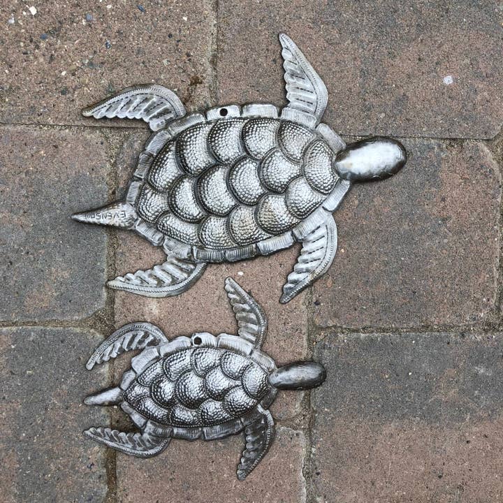 Haiti Fair Trade~ It's Cactus - Wholesale Wall Accent - Set of 2 Turtles, Beach Decor, Whimsical Sea-life 10" & 7.5"
