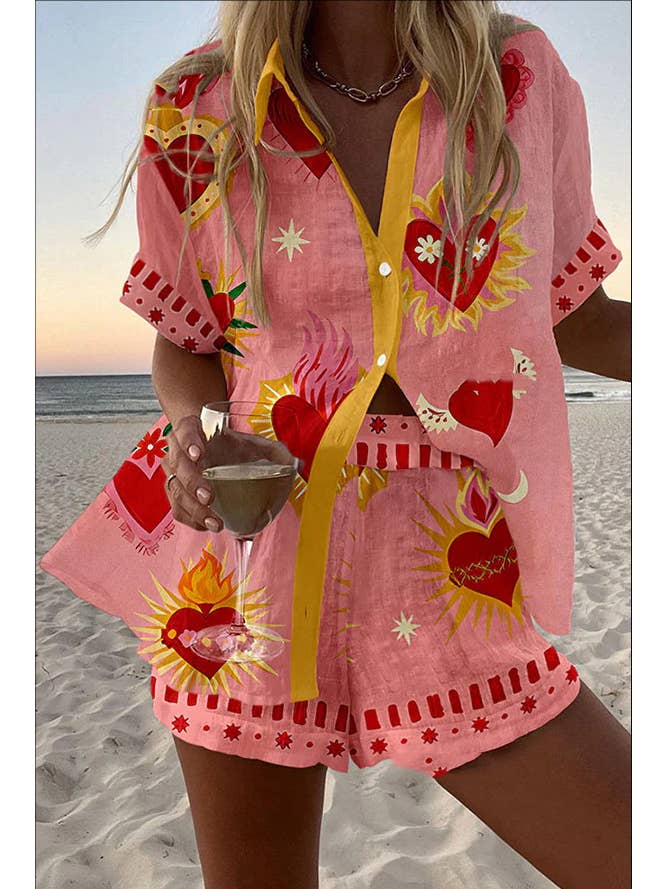 Rosa Clothing - Wholesale Top & Short Set (NOT Loungewear) - Women's - Roma Vibrant unique print shirt & shorts resort loose set