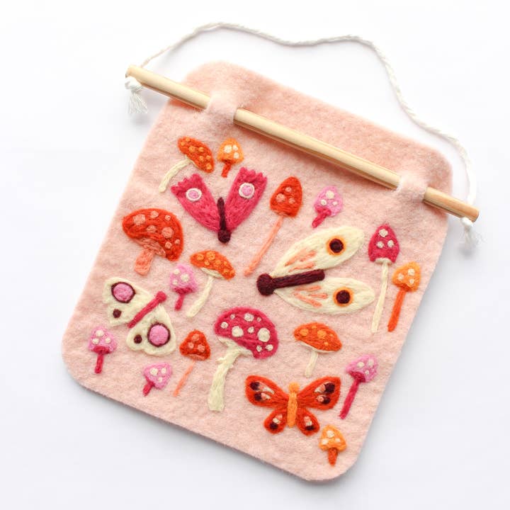 8"x8" Moth and Mushroom Banner Felting Kit for wholesale by Sheep Creek Studio