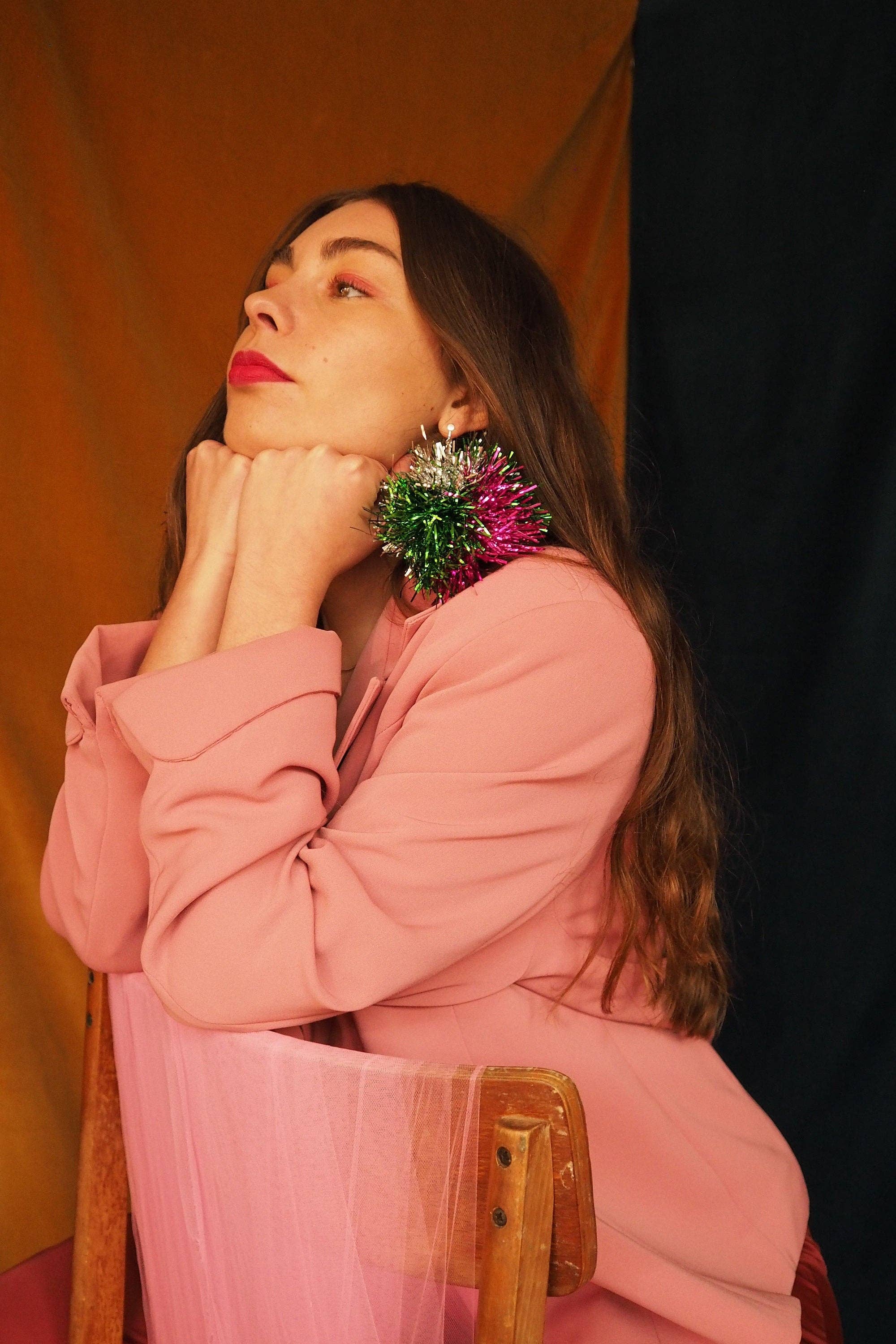 Fat Pom Poms – wholesale Dangle earrings – Green, Pink & Silver Tinsel Pom Pom Earrings - Pom Poms - Christmas Fall Jewelry7