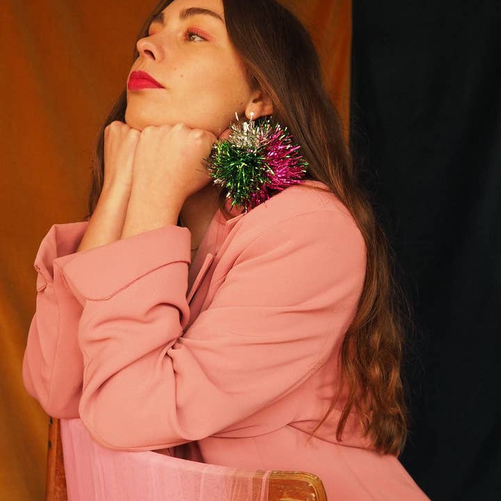 Fat Pom Poms - Wholesale Dangle Earrings - Green, Pink & Silver Tinsel Pom Pom Earrings - Pom Poms - Christmas Fall Jewelry7