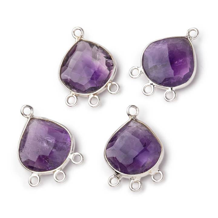 Beads of Cambay - Wholesale Individual charm/pendant - 12mm Sterling Silver Bezel Amethyst Faceted Heart 3 ring Connector 1 Focal piece1