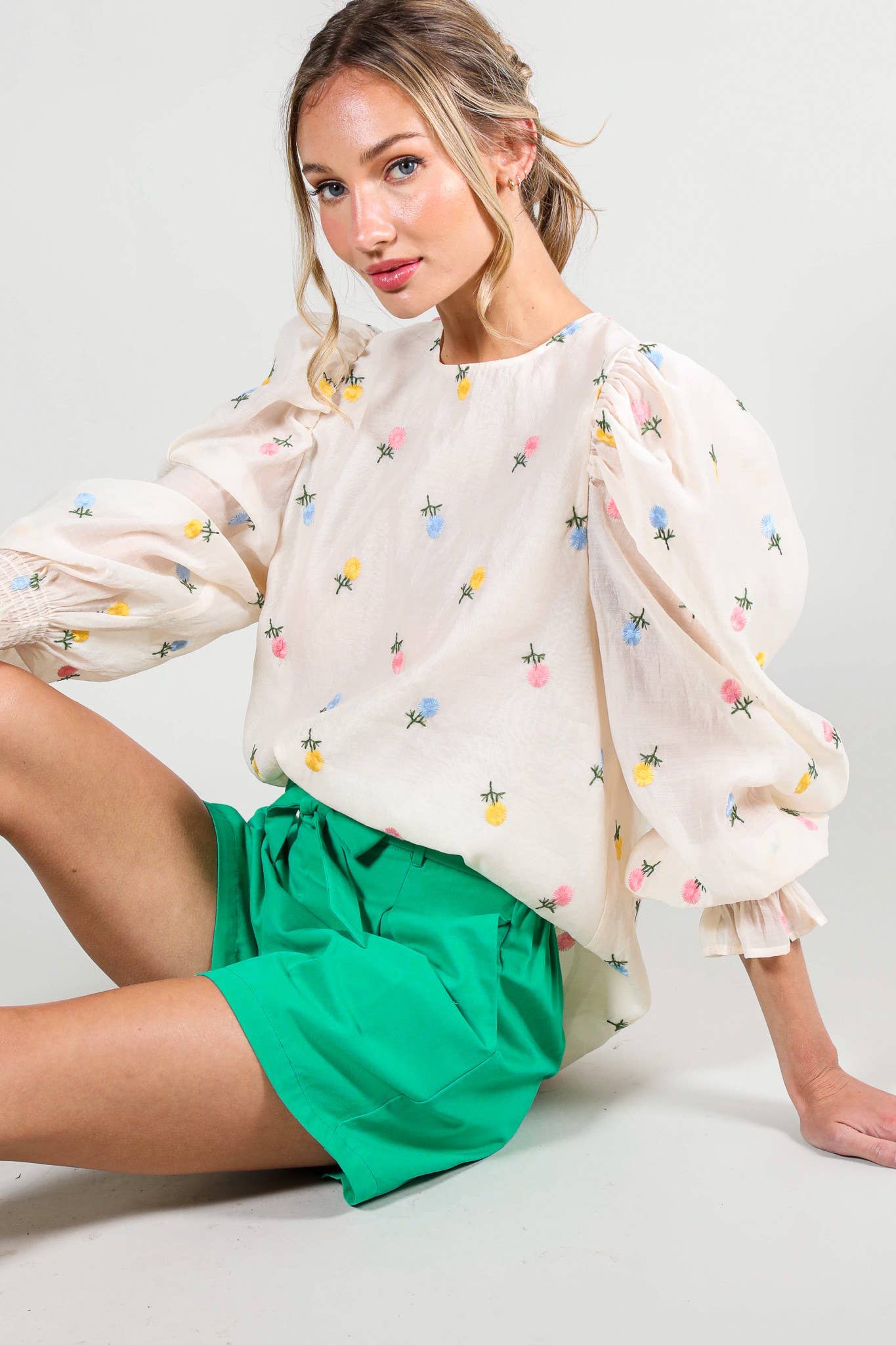 Vine & Love - Wholesale Blouse - Women's - Embroidered Long Puff Organza Blouse Top VT60375A6