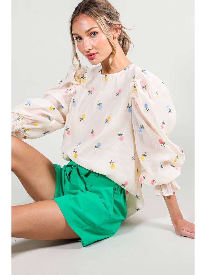 Vine & Love - Wholesale Blouse - Women's - Embroidered Long Puff Organza Blouse Top VT60375A6