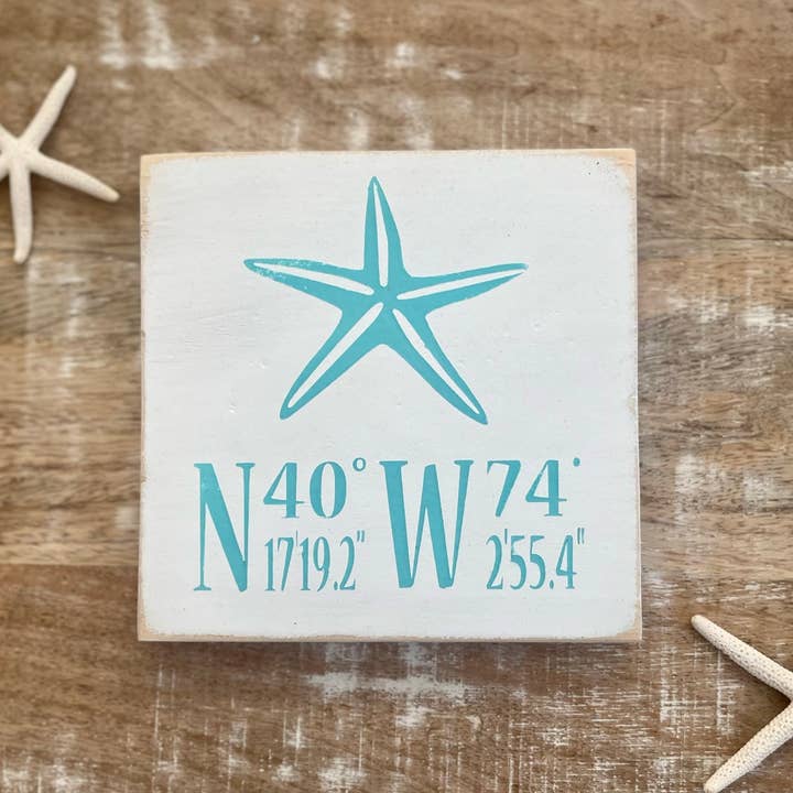 Starfish Beach Wood Sign With Coordinates for wholesale by Carlson's Custom Signs