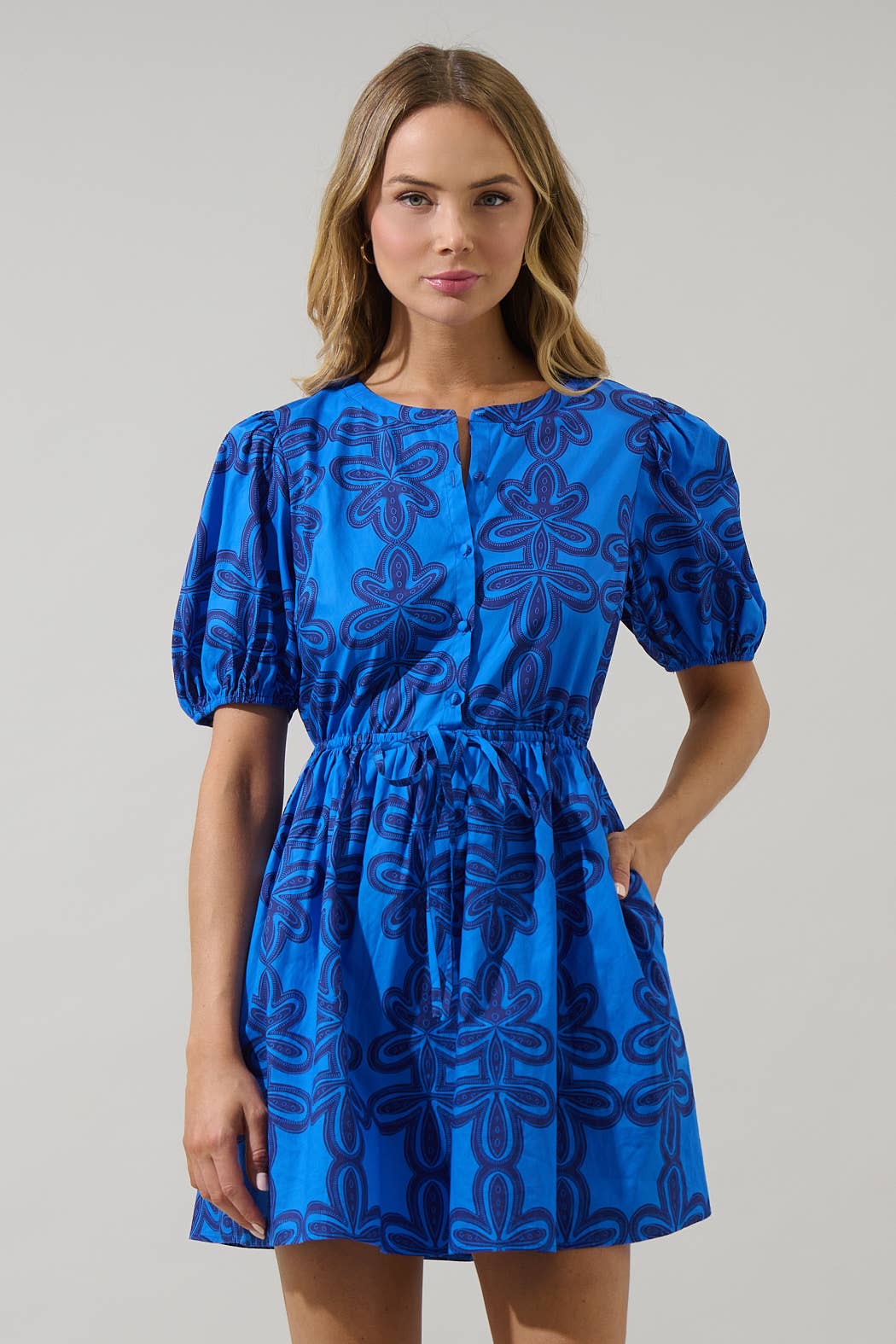 BLUE NAVY MUL Romery Abstract Alba Puff Sleeve Mini Dress for wholesale on Faire