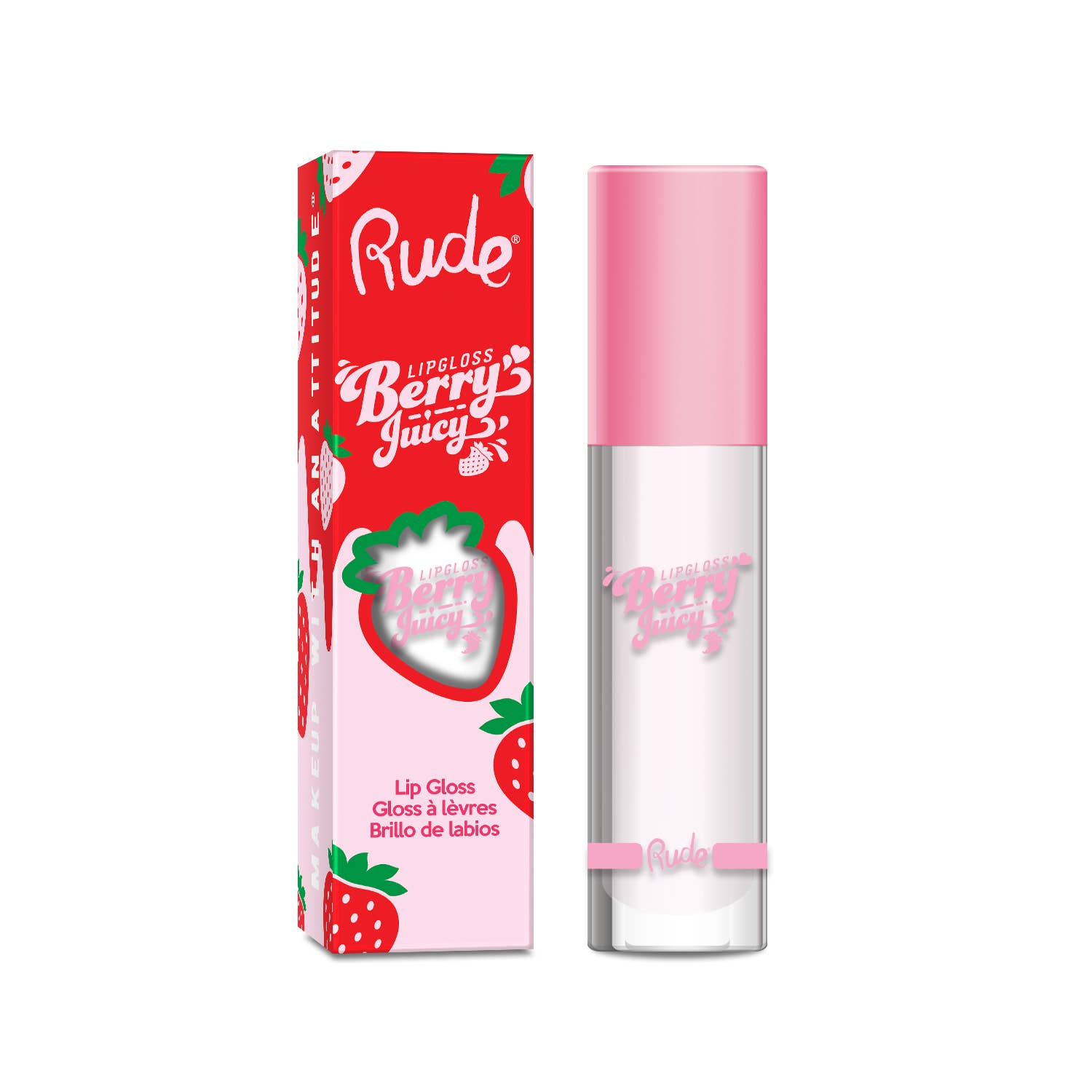 Rude Cosmetics – Gloss labial por atacado – Conjunto de Exposição de Brilho Labial Sabor Frutos Vermelhos, 64 peças (8 tons)1