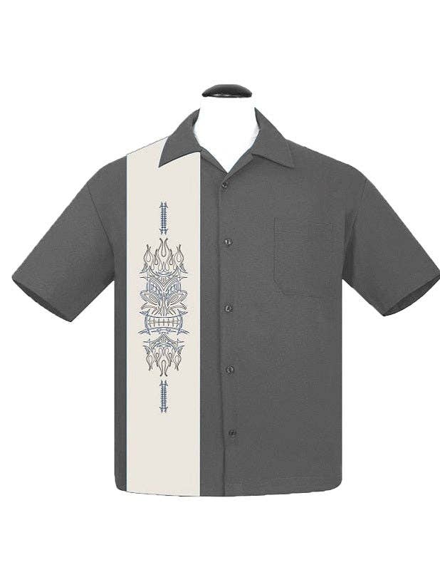 Pinstripe Tiki Panel Bowling Shirt in Charcoal/Cream for wholesale by Steady Clothing