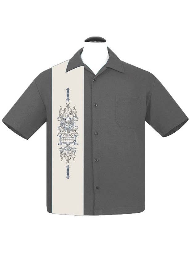 Steady Clothing - Wholesale Button Down Shirt - Men's - Pinstripe Tiki Panel Bowling Shirt in Charcoal/Cream