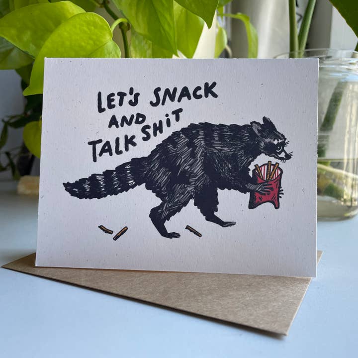 Kendra Lee Miller Art - Wholesale Everyday Greeting Card - Let’s Snack and Talk Shit Raccoon Greeting Card3