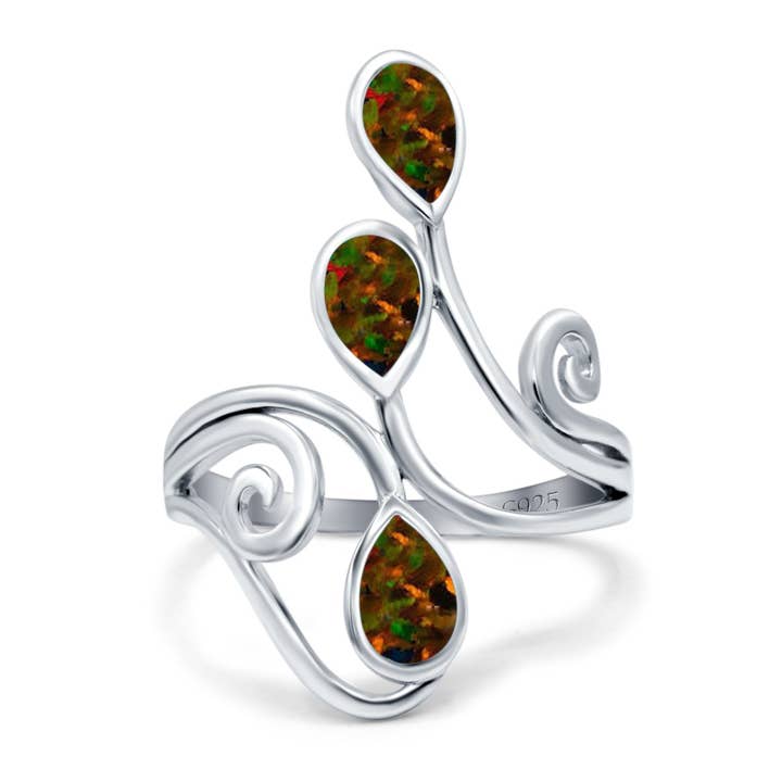 Teardrop Pear Lab Created Black Opal Swirl Spiral Ring for wholesale by Blue Apple Imports