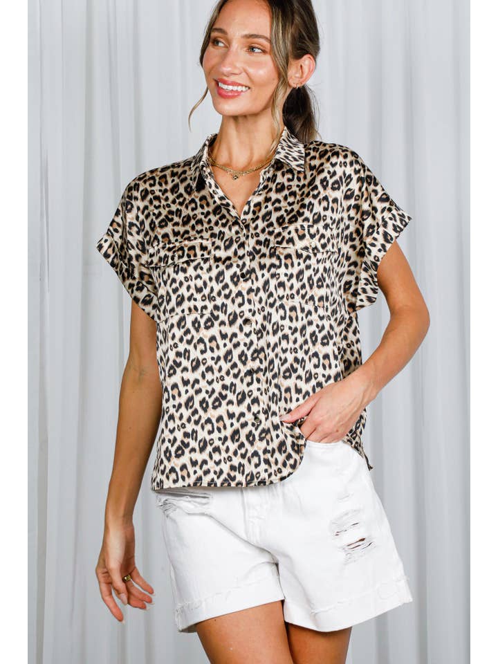 Brown Collared Neck Chest Pocket Button Detail Shirt Top VT81376J for wholesale on Faire3