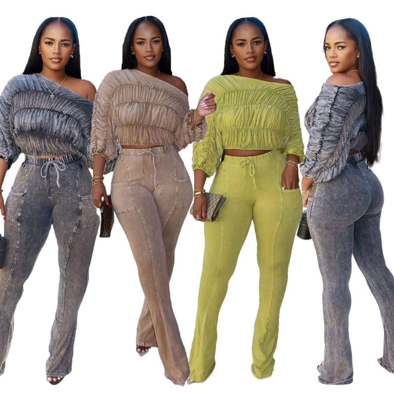MB Fashion Wholesale - Wholesale Top & Pant Set (NOT Loungewear) - Women's - MB FASHION Ruched Off-Shoulder Top & High-Waist Flared Pants Set 95326