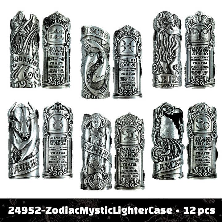 Novelty Brands - Wholesale Retailer Display - Home & Living - Metal Zodiac Lighter Case Assortment- 12/Display