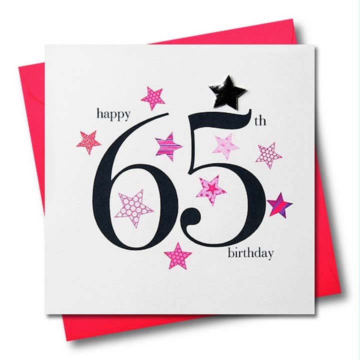 Claire Giles Ltd - Wholesale Birthday Card - Birthday Card, Pink Stars, Happy 65th Birthday, Embellished with a padded star