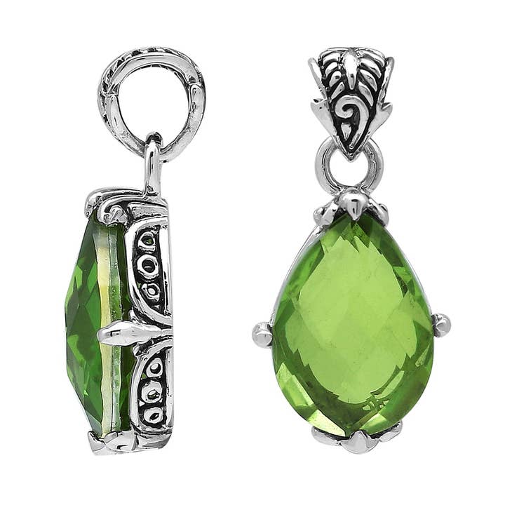 AP-8103-PR Sterling Silver Pear Shape Peridot Quartz Pendant With Classic Balinese Carved Accents And Structured Artistic Prong-Set Ornamental Detailing for wholesale by Bali Designs