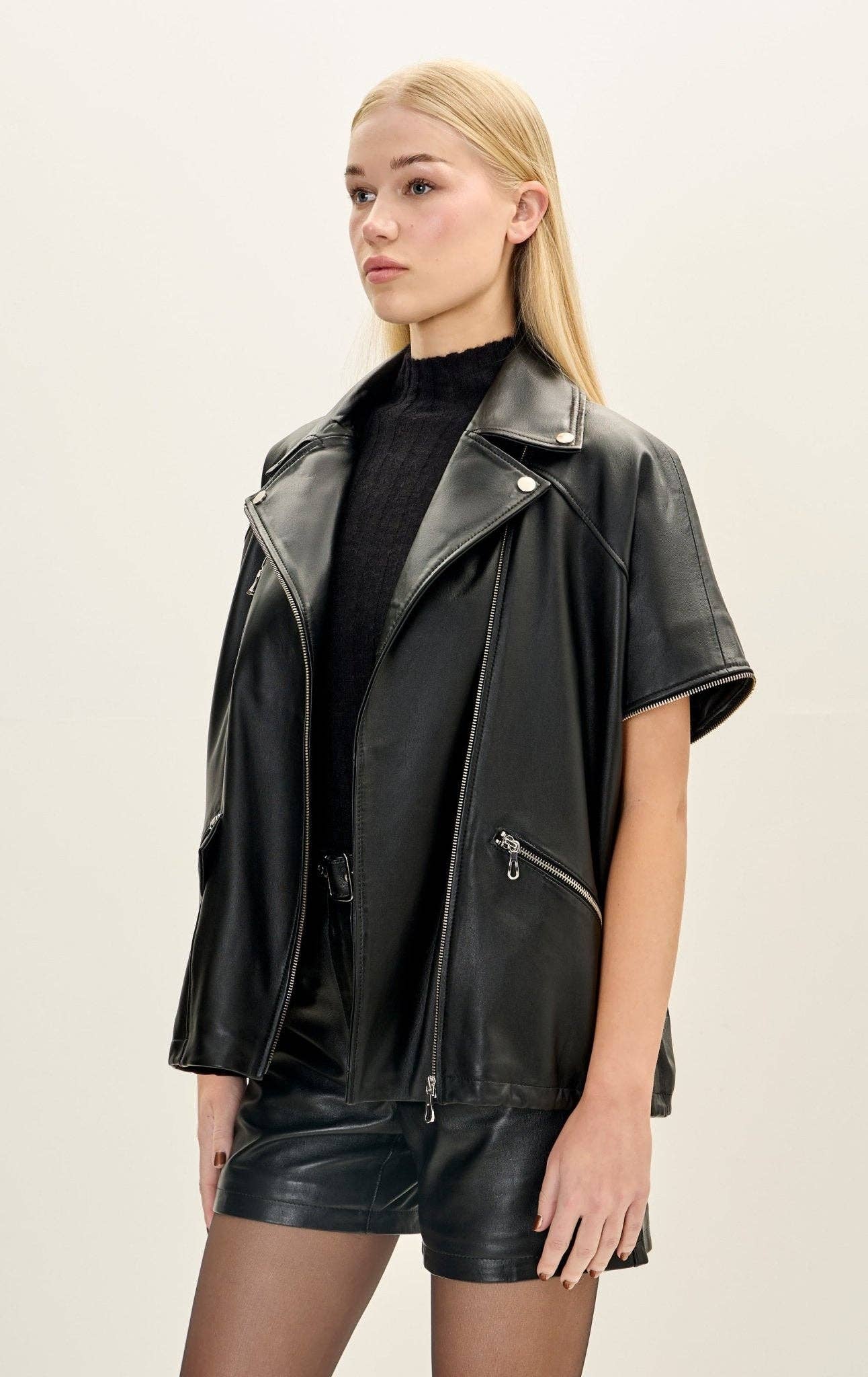 Women’s Lambskin Leather Removable Sleeves Jacket - Black for wholesale on Faire6